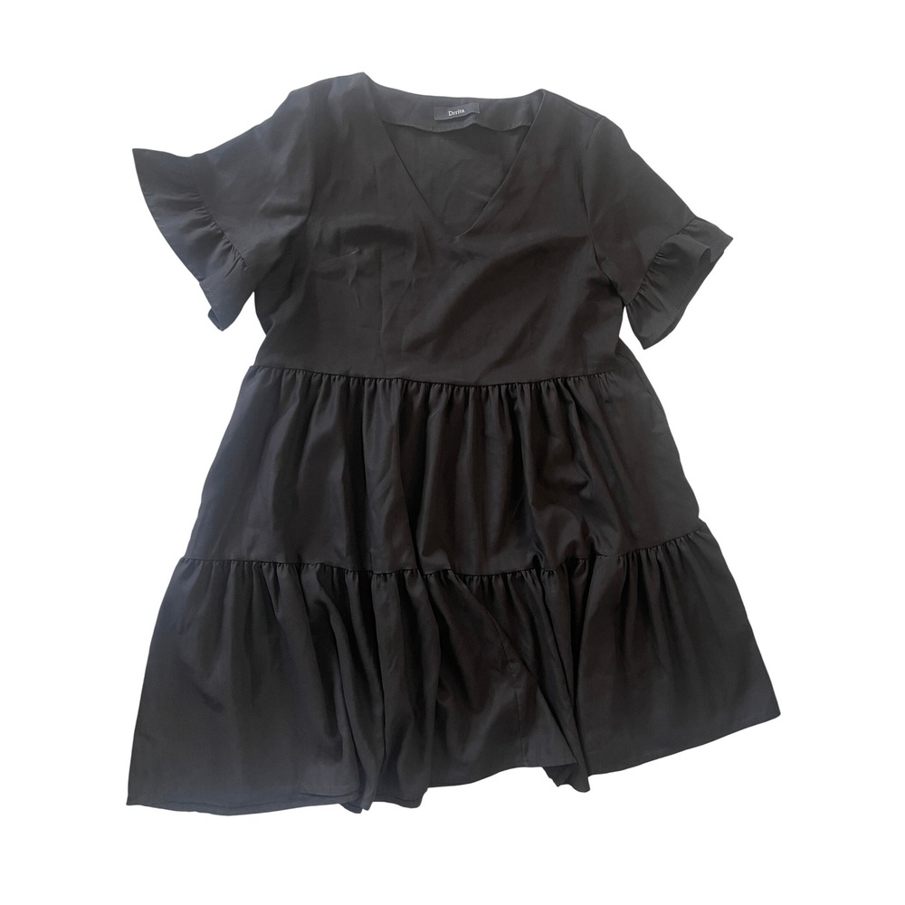 Drrita Womens Black V-Neck Tiered‎ Babydoll Mini Dress Ruffle Sleeve Size Large